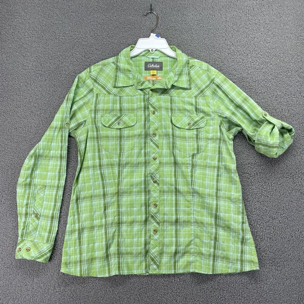 Cabelas Womens Shirt Roll Up Sleeve Green Plaid XL No Fly Zone Insect Defense